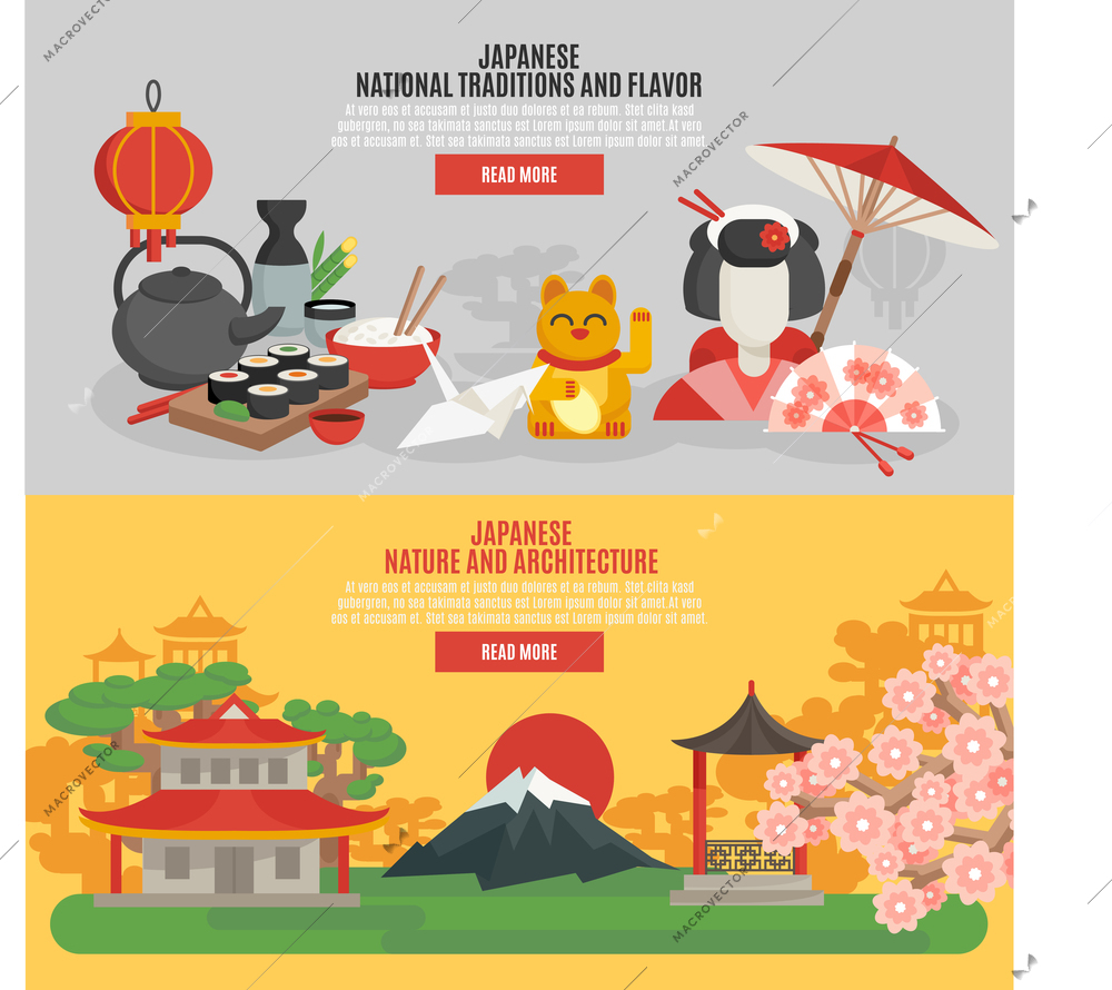 Japanese national tradition and flavor nature and architecture flat banner set isolated vector illustration