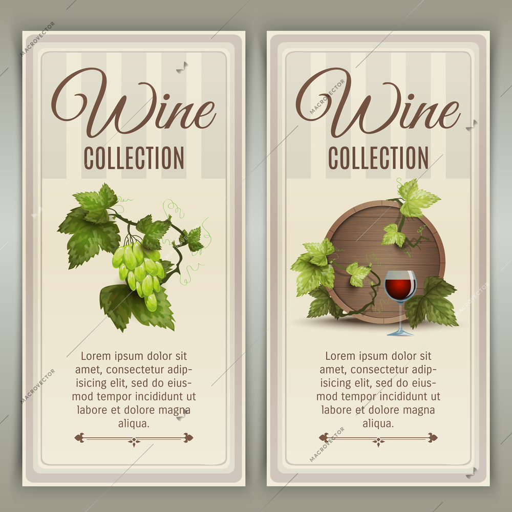 Winery farm quality wines collection advertisement 2 vertical banners set with oak barrel abstract vector isolated illustration