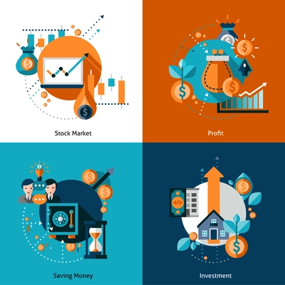 Investment design concept set with money saving and stock market profit flat icons isolated vector illustration