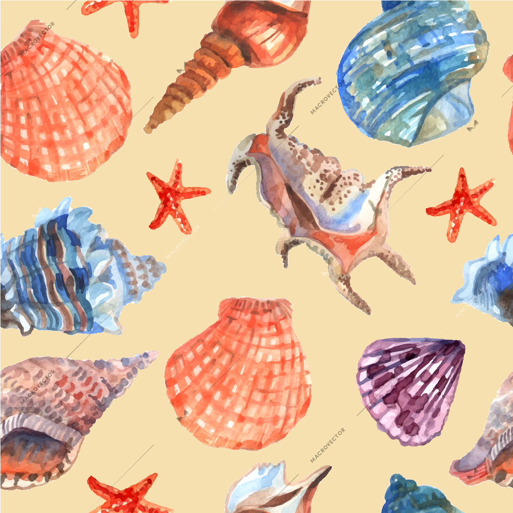 Marine shells and starfish on the sea beach summer vacation wallpaper decorative tileable abstract seamless vector illustration