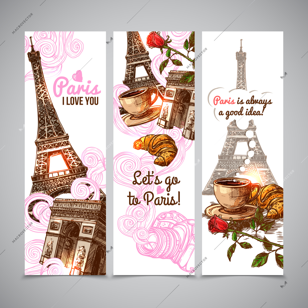 Paris vertical banners with sketch eiffel tower coffee cup and croissant isolated vector illustration