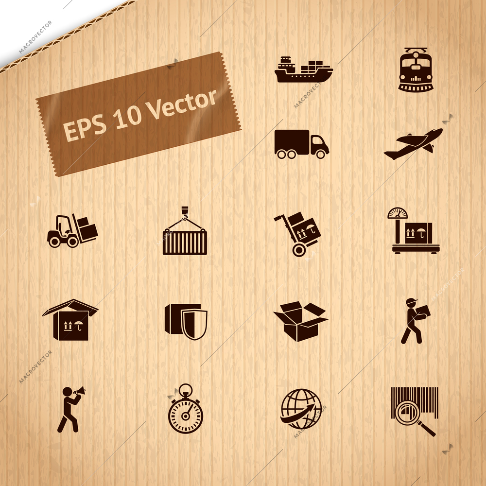 Logistic transportation service icons set of shipping delivery and supply chain on cardboard vector illustration