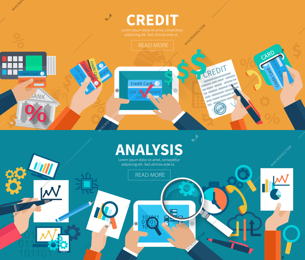 Credit and analysis horizontal banner set with hands holding business objects isolated vector illustration