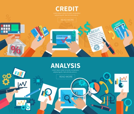 Credit and analysis horizontal banner set with hands holding business objects isolated vector illustration