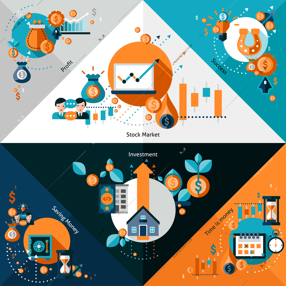 Investment corners set with stock market profit success elements isolated vector illustration