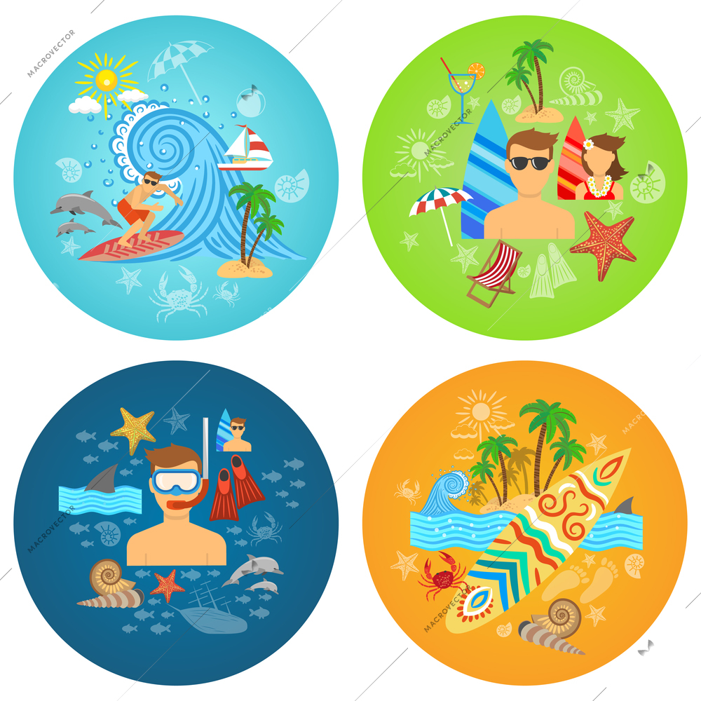 Surfing design concept set with beach sport flat icons isolated vector illustration