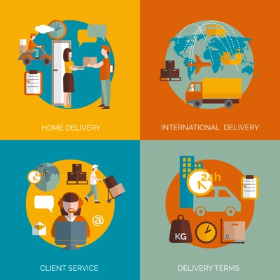 International 24h package delivery coordinated logistic clients service terms 4 flat icons composition abstract isolated vector illustration