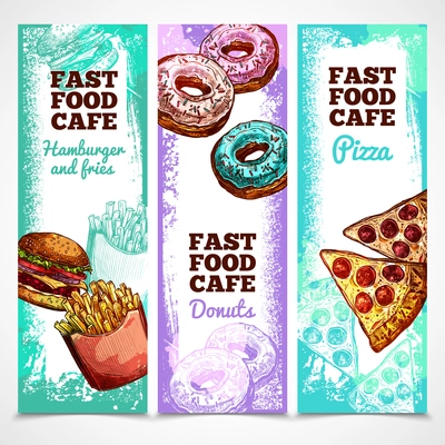 Fast food vertical banners with sketch donuts pizza and sandwiches isolated vector illustration