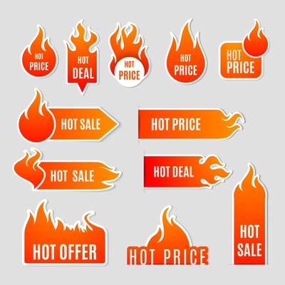 Fire and flame sale clearance and hot deal text labels flat icon set isolated vector illustration