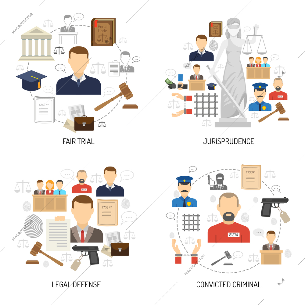 Jurisprudence fair trial process with legal defense and convict 4 flat icons composition abstract isolated vector illustration