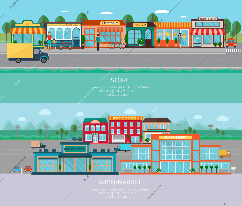 Store and supermarket buildings with road and parking horizontal banners set flat isolated vector illustration