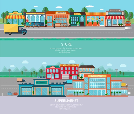 Store and supermarket buildings with road and parking horizontal banners set flat isolated vector illustration