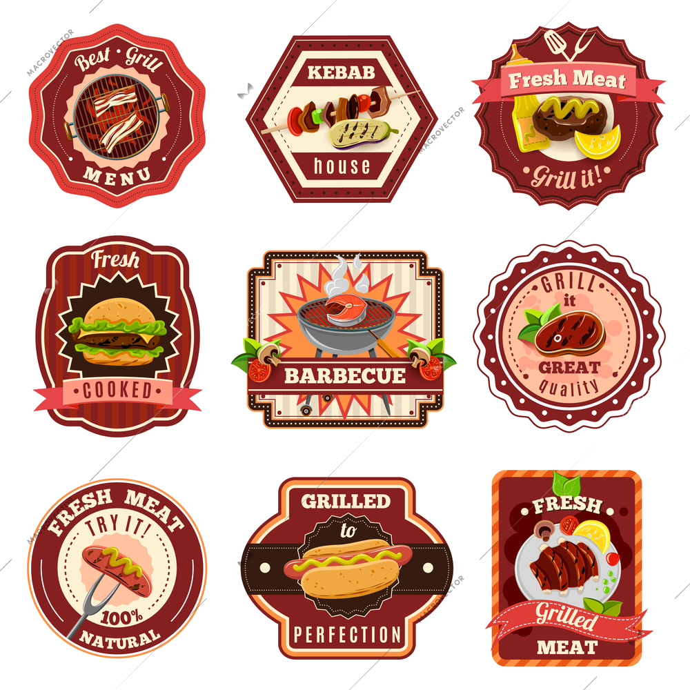 Barbecue and premium quality grill emblems set isolated vector illustration