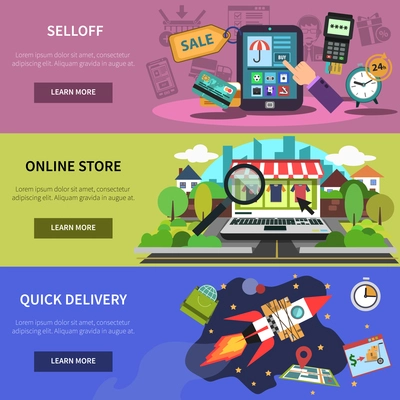 Online banner horizontal set with store quick delivery elements isolated vector illustration