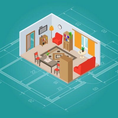 Isometric living room interior plan with 3d furniture vector illustration