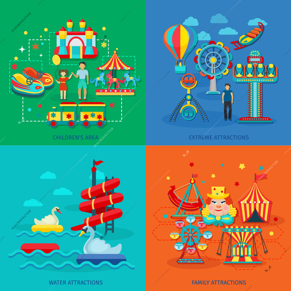 Amusement park design concept set with extreme water family attractions flat icons isolated vector illustration