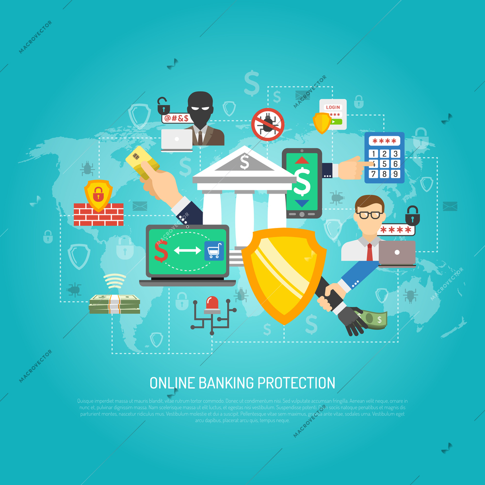 Internet banking global money transfer operations protection safety guard software poster with shield symbol abstract vector illustration