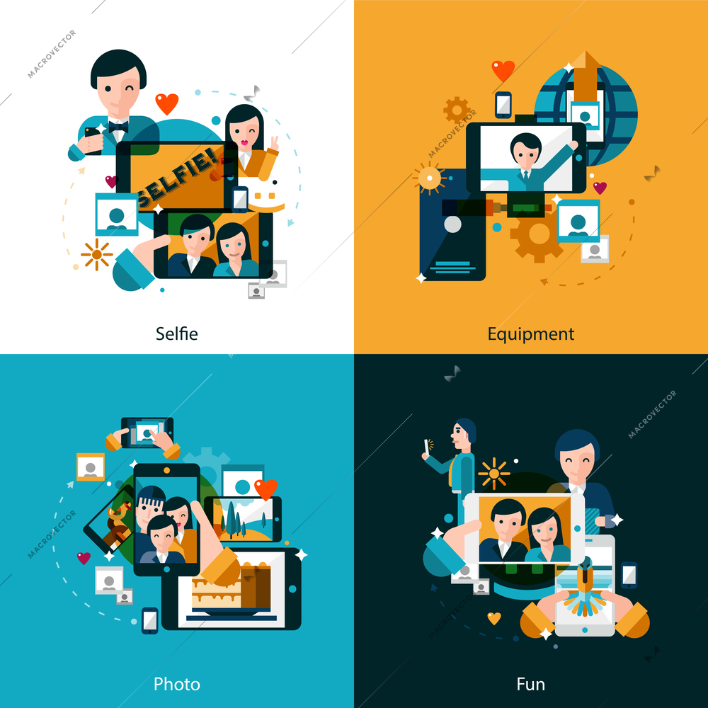 Mobile photo concept with selfie equipment and fun icons set flat isolated vector illustration