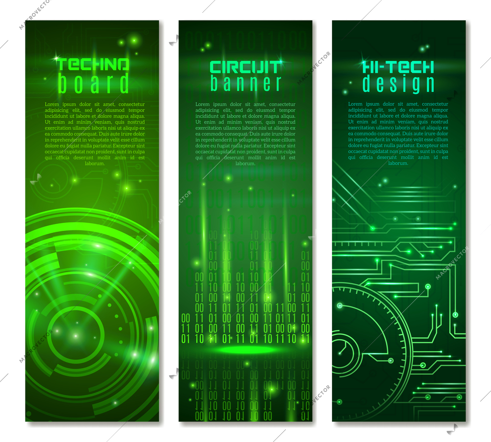 Abstract technology vertical banner set with circuit pattern on green background isolated vector illustration