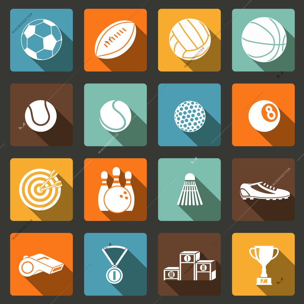 Sports white long shadow icons set of football baseball basketball and tennis balls isolated vector illustration