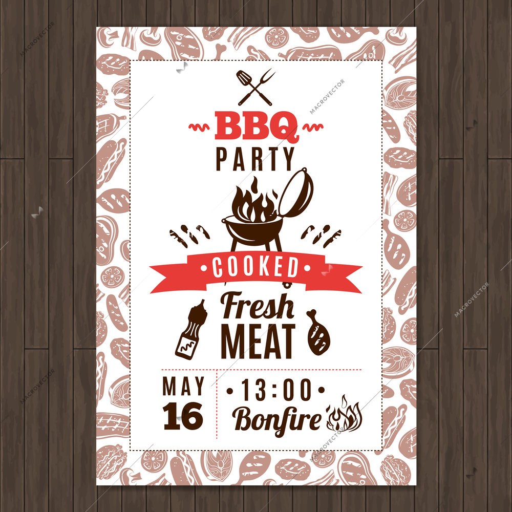 Bbq party promo poster with fresh grilled meat elements vector illustration