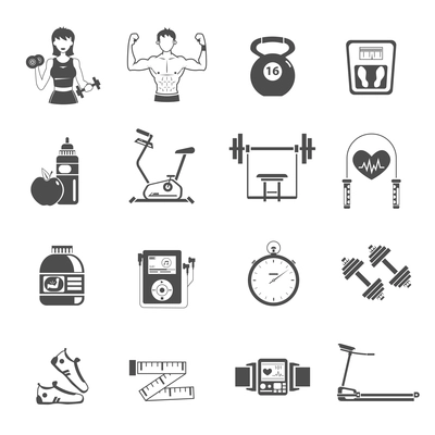 Gym icon black set with treadmill stopwatch dumbbell bike isolated vector illustration