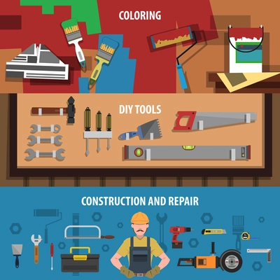 Tools horizontal banner set with flat coloring construction and repair flat elements isolated vector illustration
