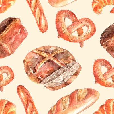 Bakery bread seamless wrap paper  pattern with round whole wheat loaf and pretzel pictograms abstract vector illustration