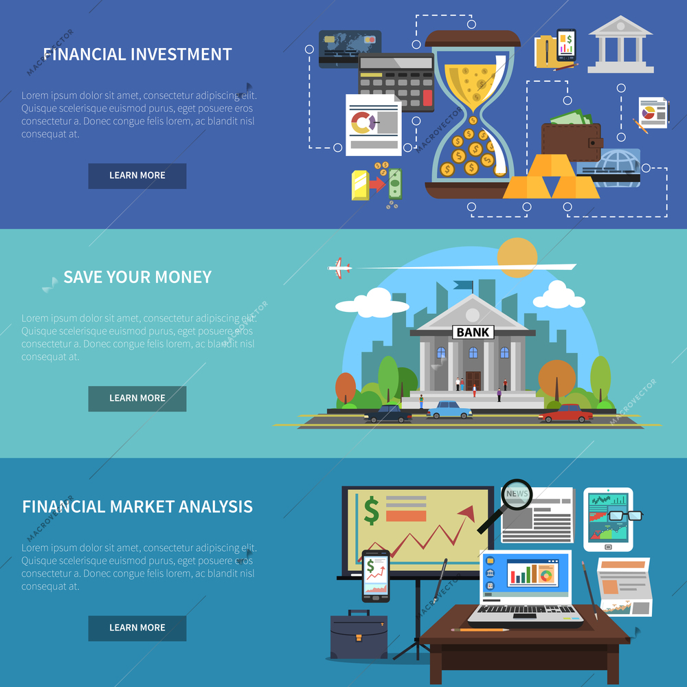 Finance banner horizontal set with financial investment and market analysis flat elements isolated vector illustration