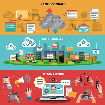 It device banner horizontal set with cloud storage data transfer distant work isolated vector illustration