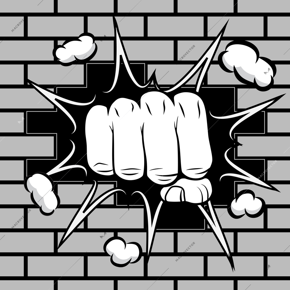 Clenched fist hit the wall emblem vector illustration