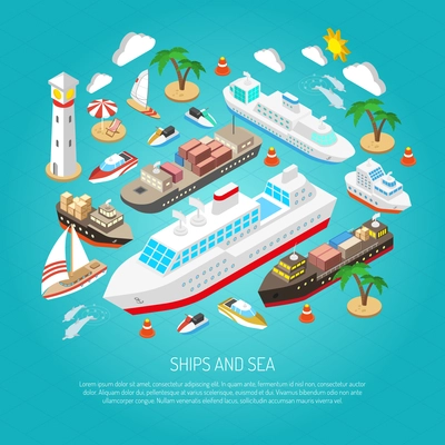 Sea and ships with ferries cargos boats yachts and beaches isometric concept vector illustration