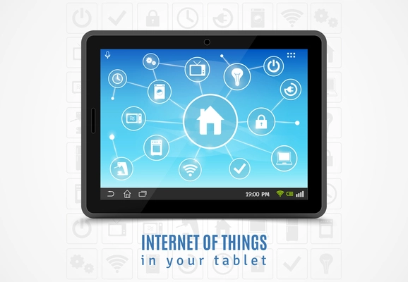 Internet of things concept with realistic mobile tablet and smart home devices symbols vector illustration