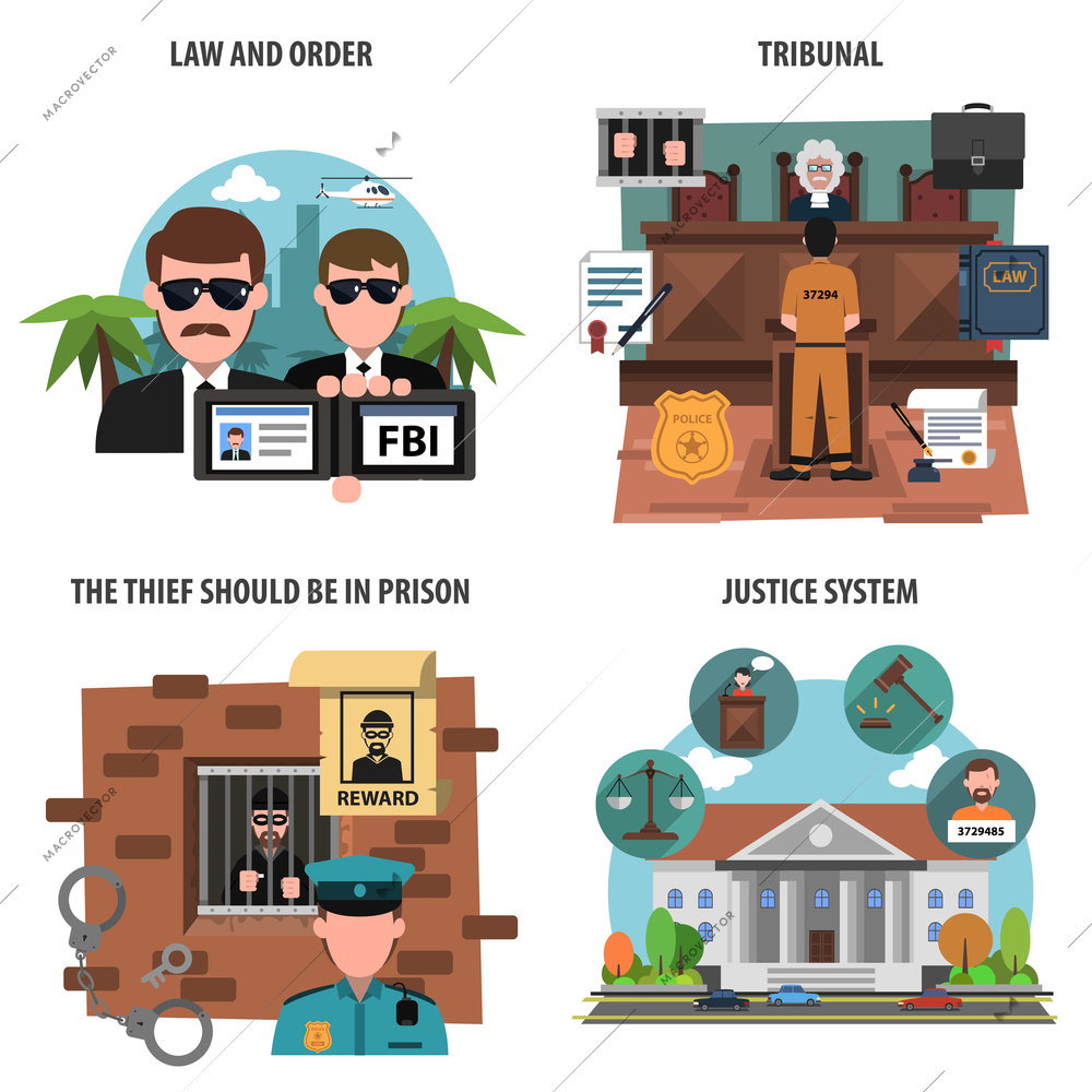 Law and order flat decorative icons set isolated vector illustration