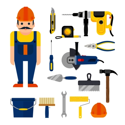 DIY home repairs power and hand tools decorative set in flat style with workman isolated vector illustration