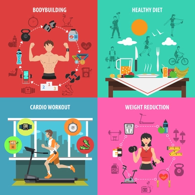 Gym design concept set with bodybuilding healthy diet cardio workout weight reduction flat icons isolated vector illustration