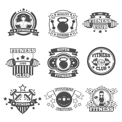 Gym and fitness club premium quality emblems set isolated vector illustration