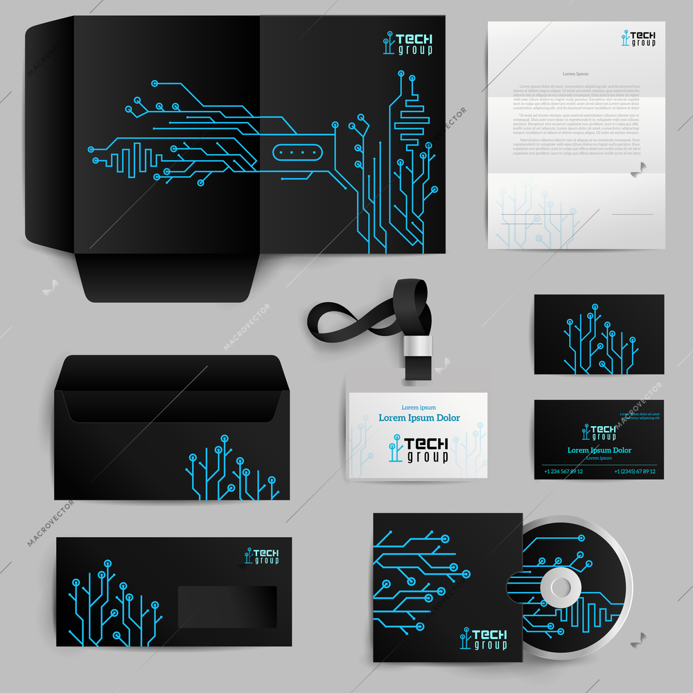 Corporate identity realistic elements set with technology pattern isolated vector illustration