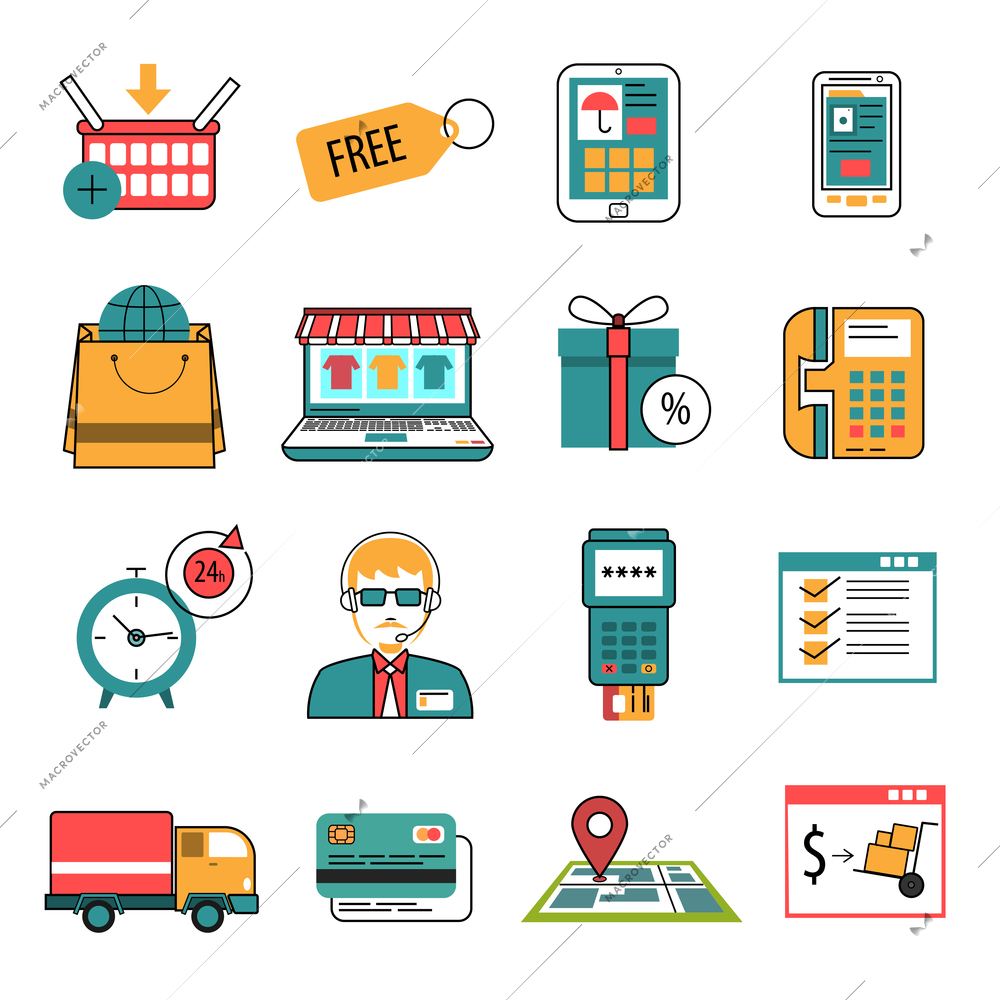 Online commerce and internet marketing icons outline set isolated vector illustration