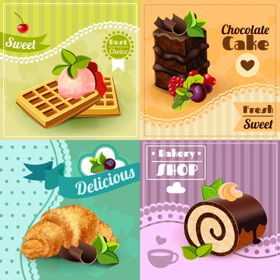 Bakery design concept set with sweet chocolate cake waffles croissant icons isolated vector illustration