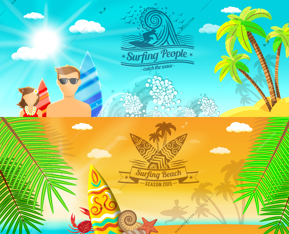 Surf banner horizontal set with flat water sport elements isolated vector illustration