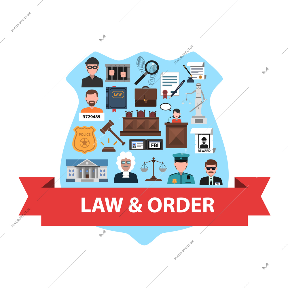 Law and order concept with justice flat icons in police badge shape vector illustration