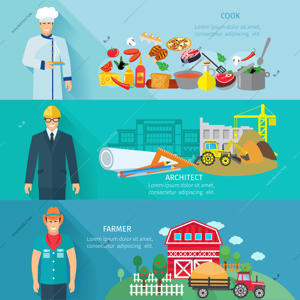 Profession horizontal banner set with cooker farmer architector avatars isolated vector illustration