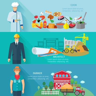 Profession horizontal banner set with cooker farmer architector avatars isolated vector illustration