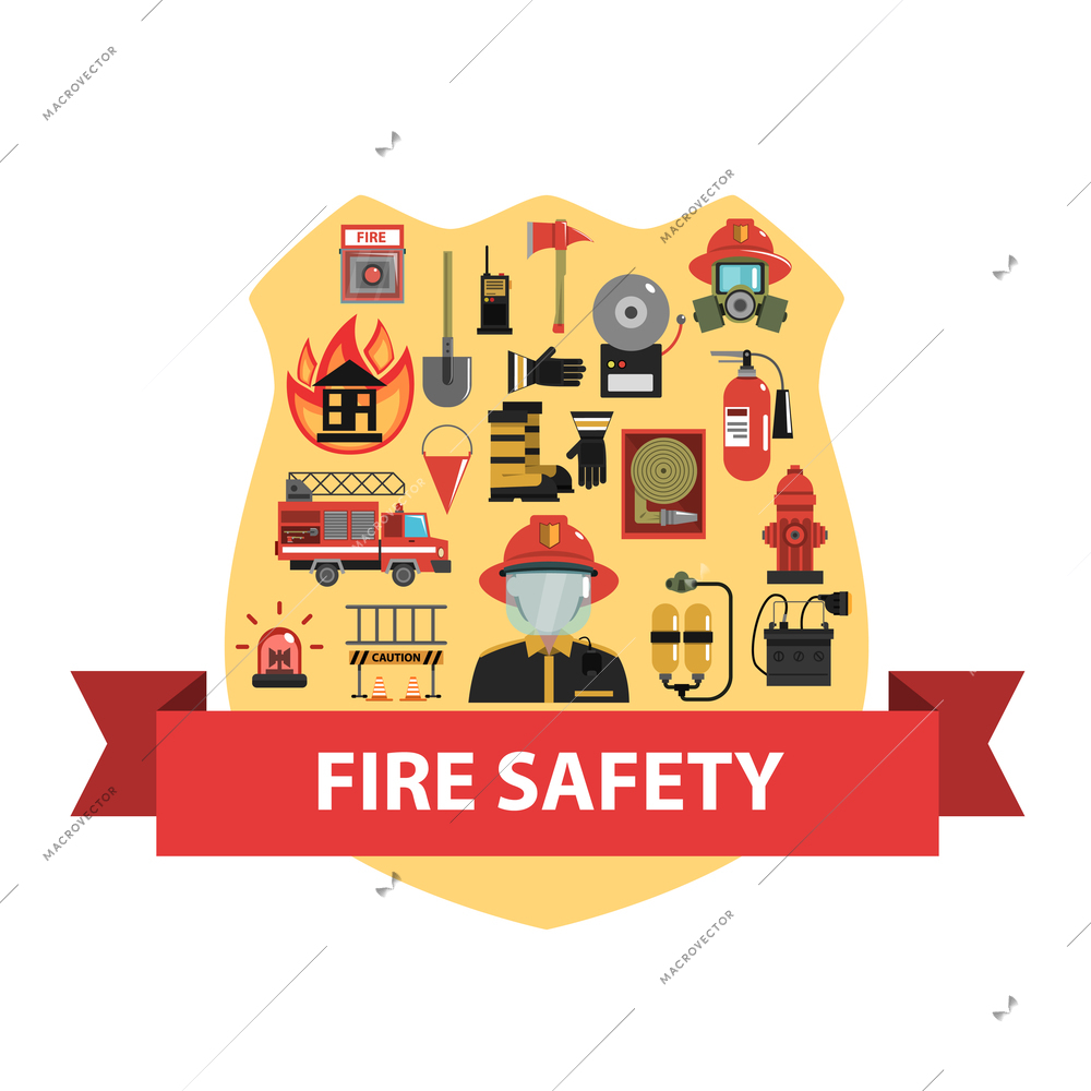 Fire concept with firefighter badge and safety icons flat vector illustration