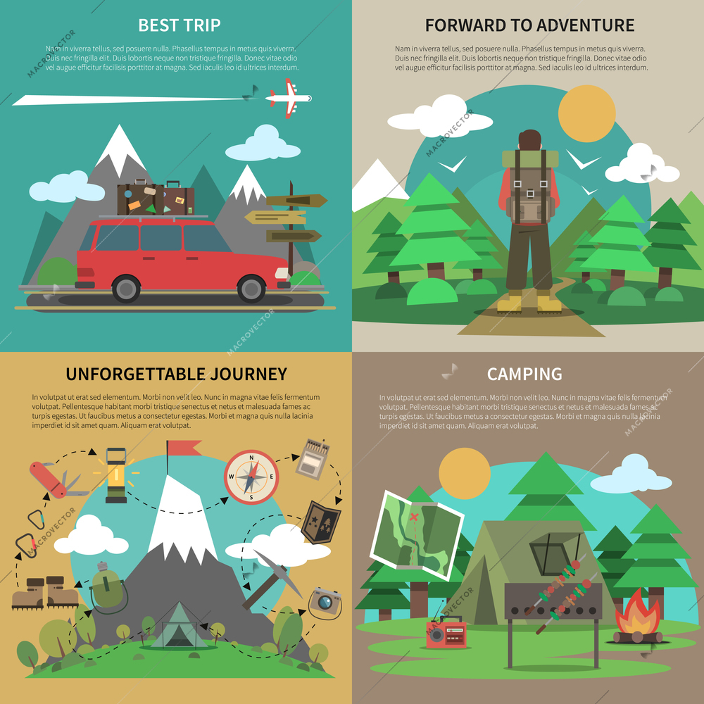 Best trips and camping for unforgettable journey 4 flat square icons composition banner abstract isolated vector illustration