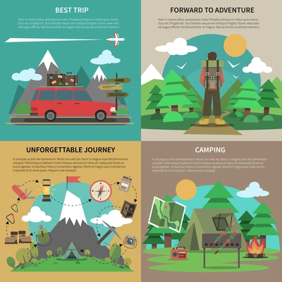 Best trips and camping for unforgettable journey 4 flat square icons composition banner abstract isolated vector illustration