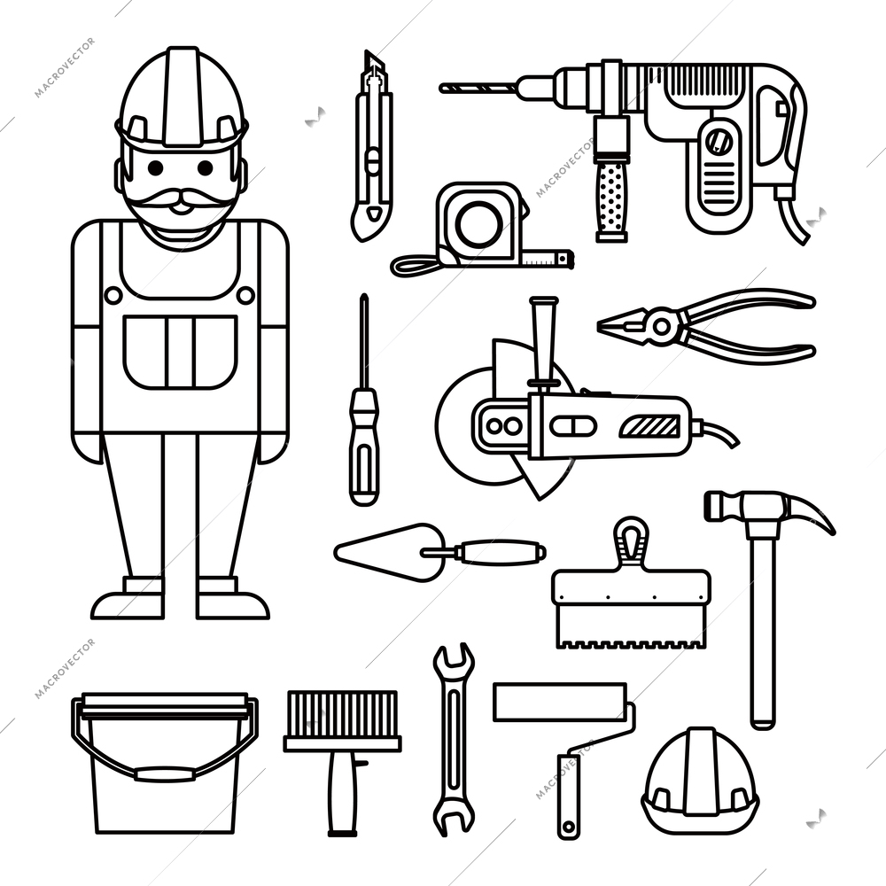 DIY home repairs power and hand tools decorative set in line style with workman isolated vector illustration