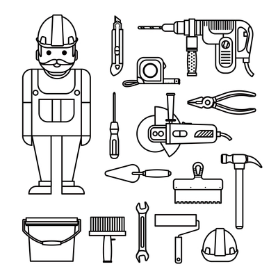 DIY home repairs power and hand tools decorative set in line style with workman isolated vector illustration