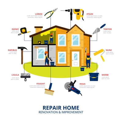Home renovation and improvement flat style concept with workmen repair house with hand and power tools vector illustration